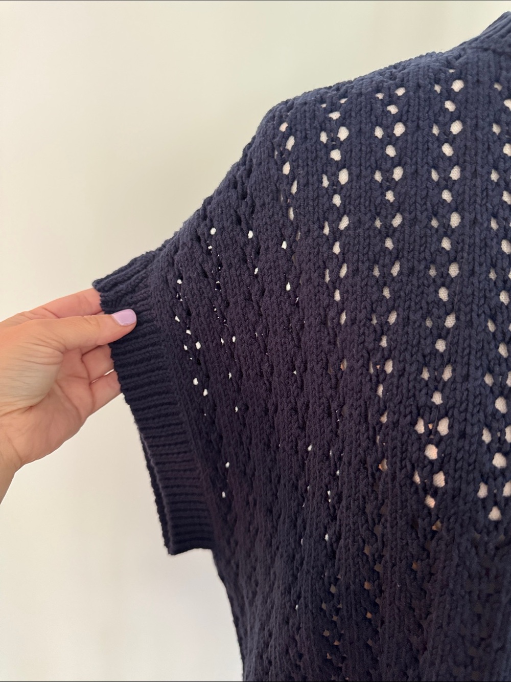 LOFT Navy Blue Open-Weave Short Sleeve Crewneck Sweater - Picture 4 of 6